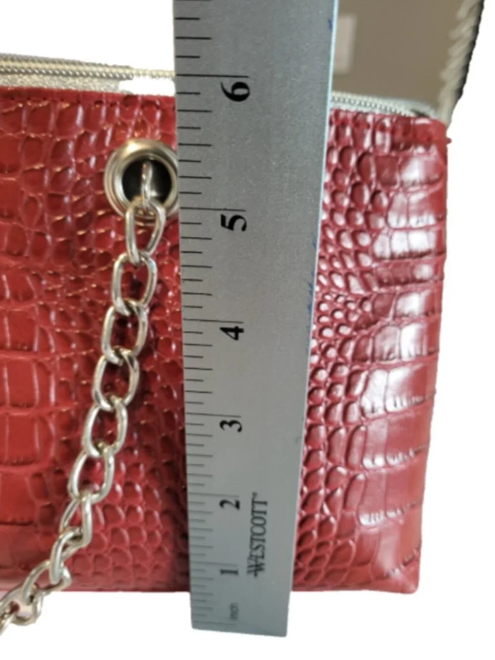 Insulated Wine Bottle Tote Bag Red Animal Print Silver Chain Handles 13 x 6 in